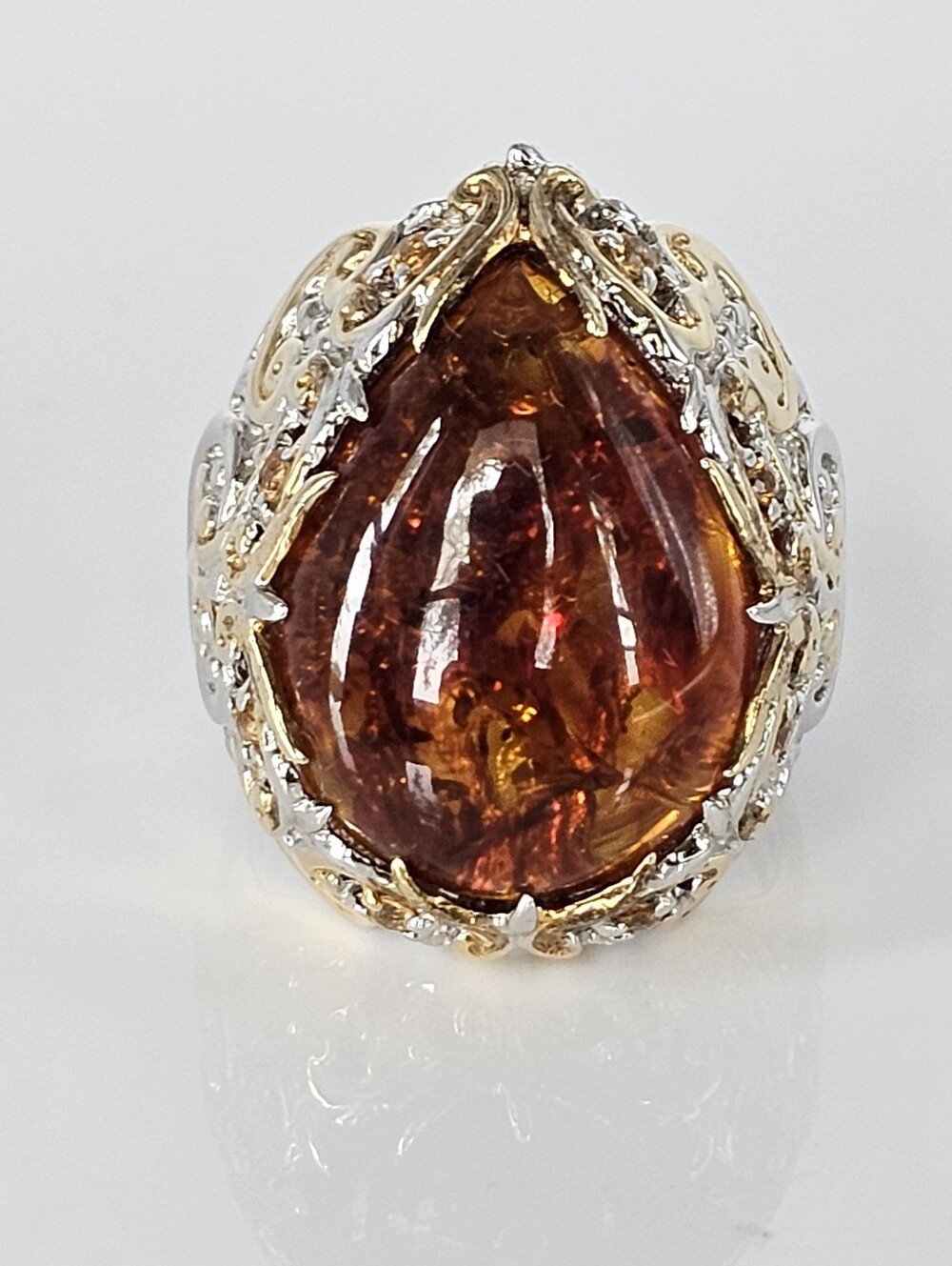Genuine Amber & Sapphire Ring Palladium Sterling Silver 18K Size 7!